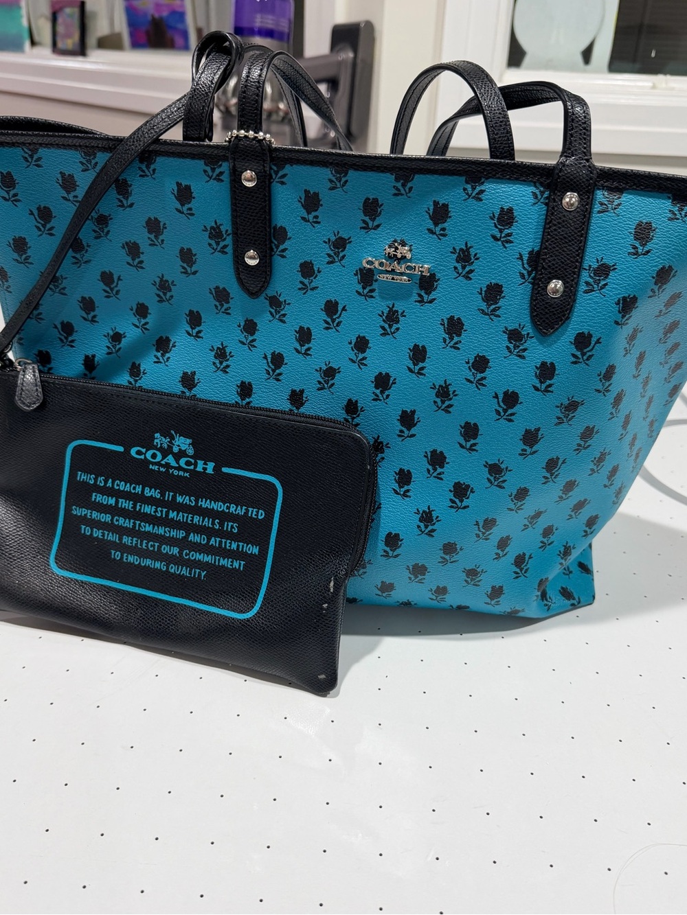Coach Reversible Teal Floral Print Tote Bag with Black leather pouch